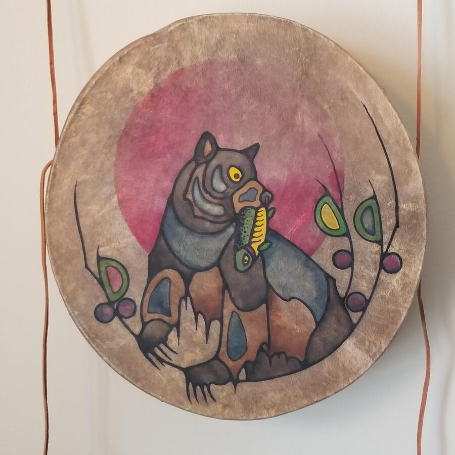 Black Bear with Trout. painted on 10" hand drum. $500 SOLD
